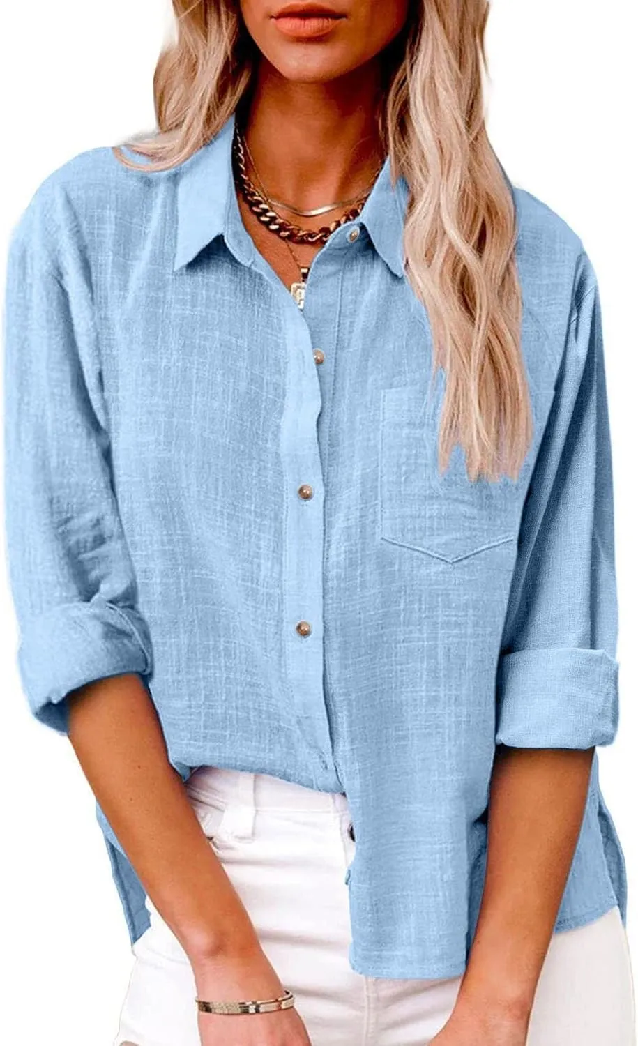 Womens Cotton Linen Button Down Shirt 2025 Summer Casual Long Sleeve Solid Color Shirts Loose Work Tops with Pockets