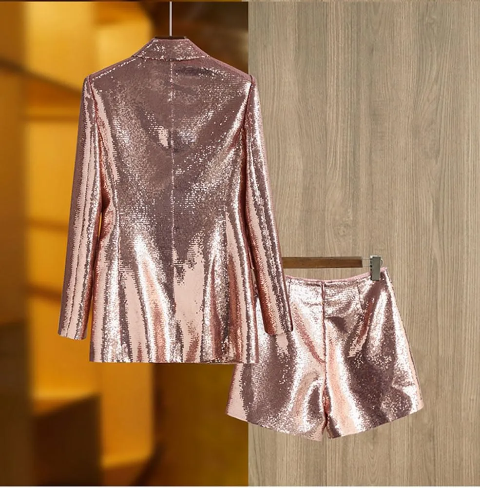 Womens Glitter Blazer Short Pants Set 2 PC Slim Fit Peak Lapel Prom Party Suit Womens Sequins Suit