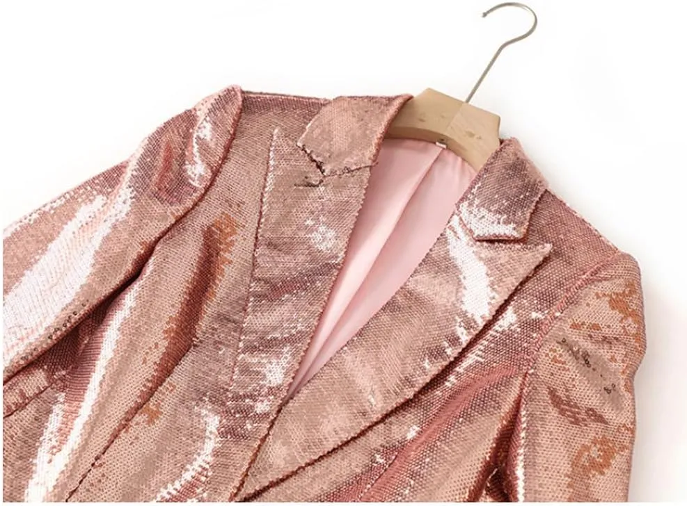 Womens Glitter Blazer Short Pants Set 2 PC Slim Fit Peak Lapel Prom Party Suit Womens Sequins Suit