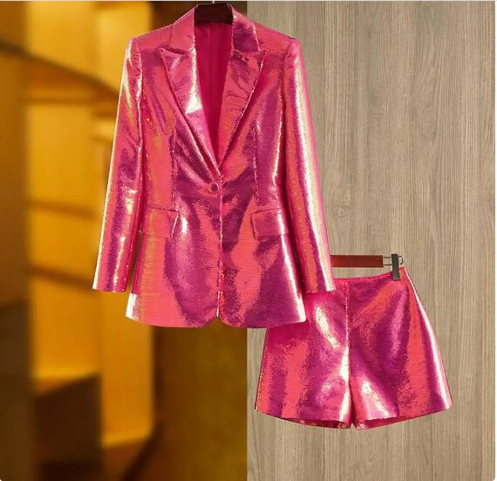 Womens Glitter Blazer Short Pants Set 2 PC Slim Fit Peak Lapel Prom Party Suit Womens Sequins Suit