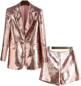 Womens Glitter Blazer Short Pants Set 2 PC Slim Fit Peak Lapel Prom Party Suit Womens Sequins Suit