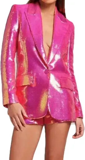 Womens Glitter Blazer Short Pants Set 2 PC Slim Fit Peak Lapel Prom Party Suit Womens Sequins Suit