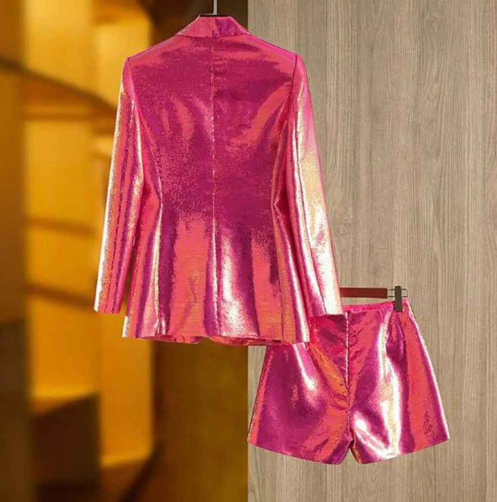 Womens Glitter Blazer Short Pants Set 2 PC Slim Fit Peak Lapel Prom Party Suit Womens Sequins Suit