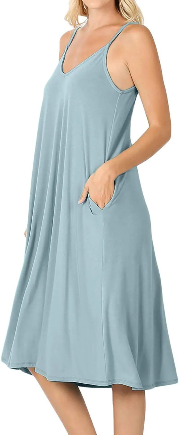 Womens Lightweight Flowy Summer Dress  Adjustable Strap Knee Length Dress with Side Pockets. Casual, Beachwear