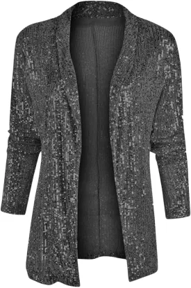 Women's Sequin Jackets Shiny Open Front Blazers Long Sleeve Glitter Sparkly Coats Party Casual Dressy Cardigan