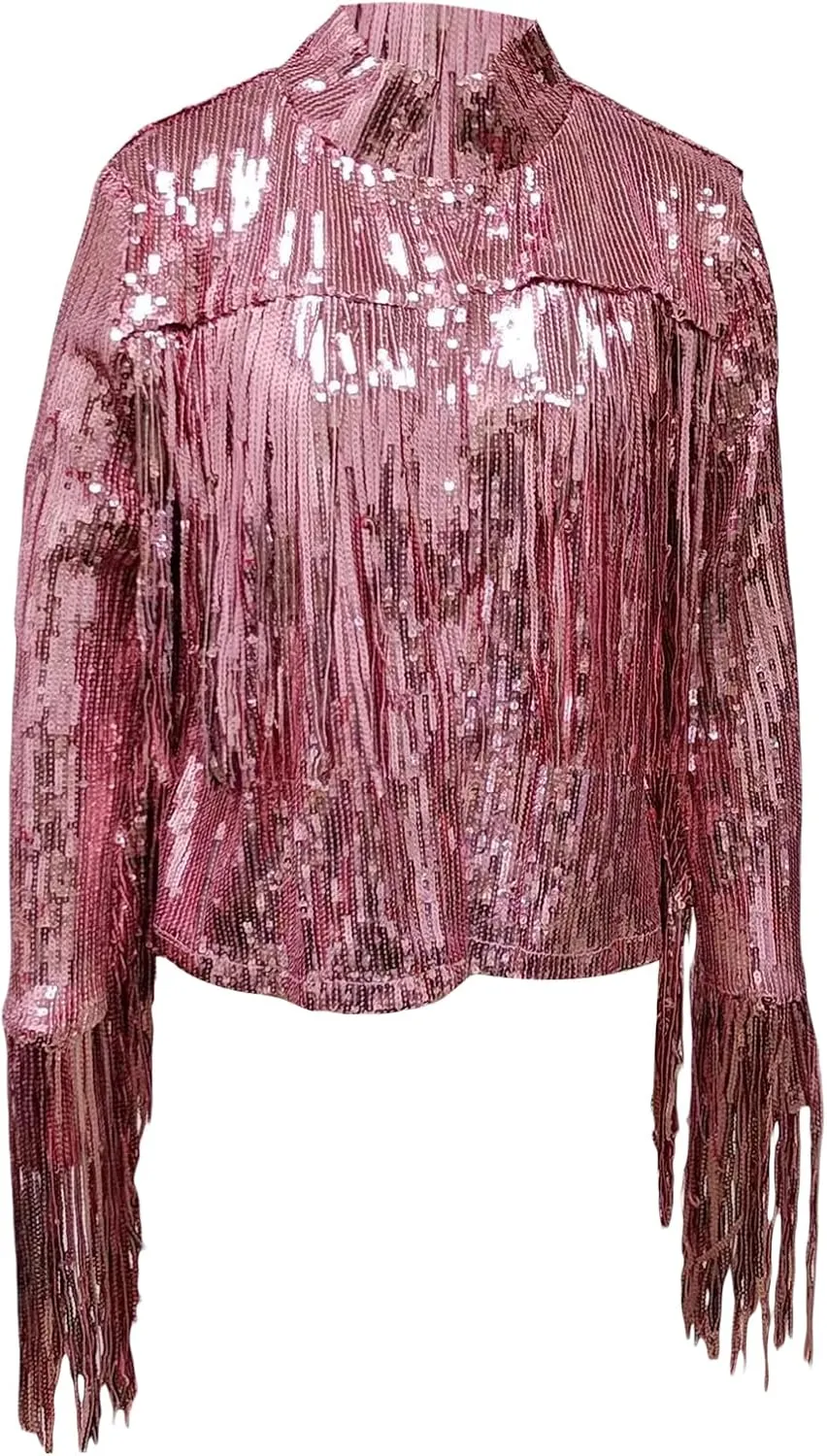 Women's Sequin Party Jackets Sparkly Long Sleeve Open Front Tassel Jackets Blazers Clubwear
