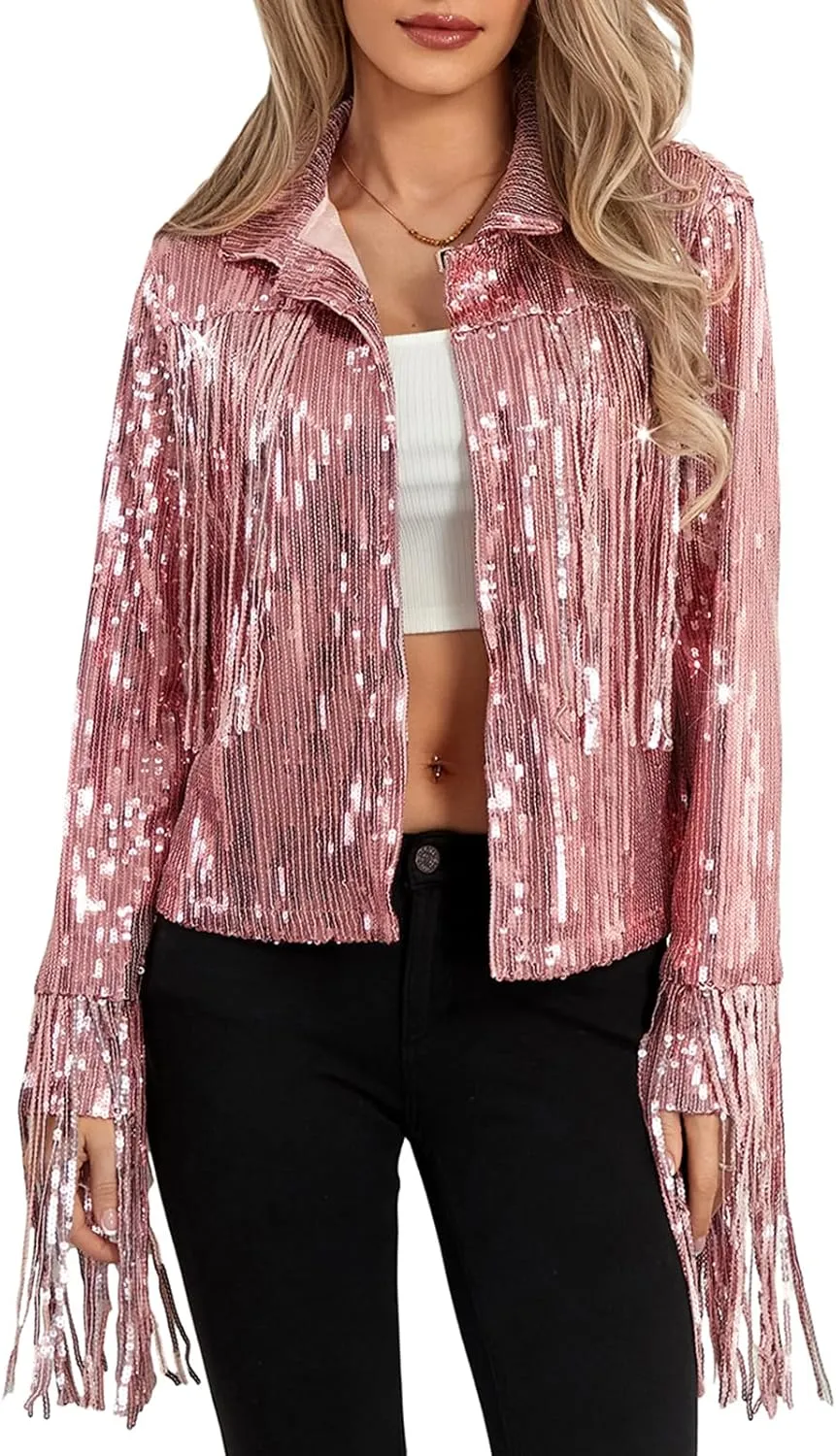 Women's Sequin Party Jackets Sparkly Long Sleeve Open Front Tassel Jackets Blazers Clubwear