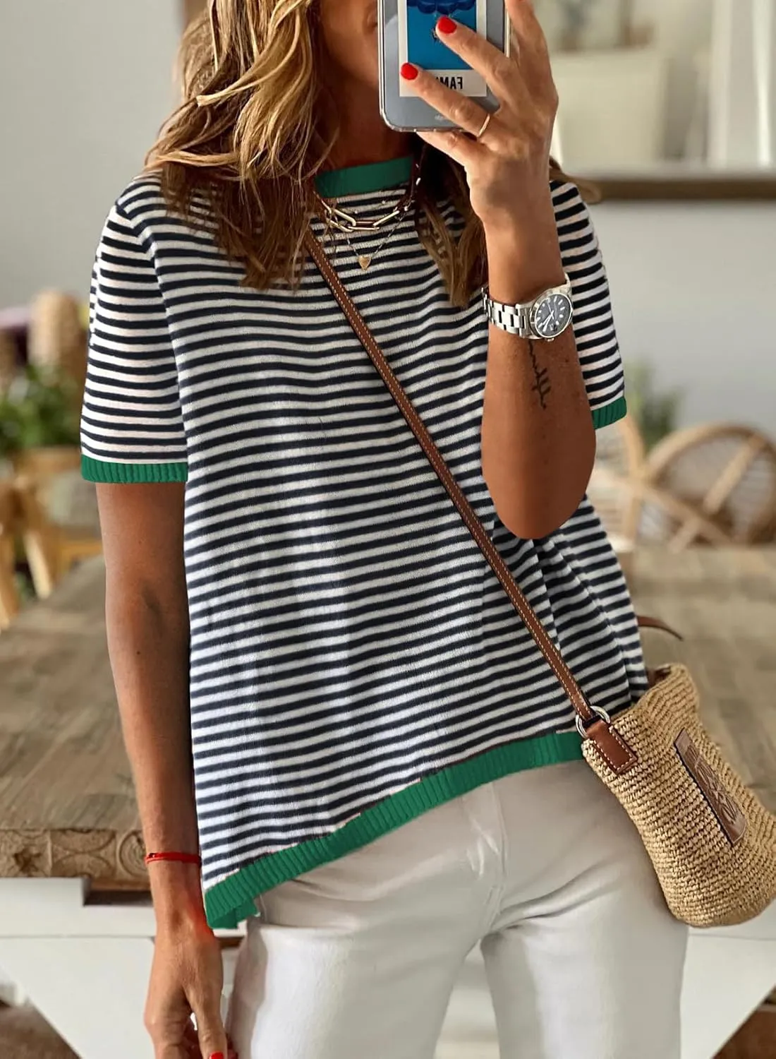 Womens Short Sleeve Sweaters Summer Casual Crewneck Striped Color Block Knitted Cotton Trendy Pullover Tops