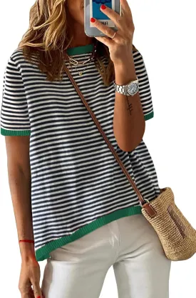 Womens Short Sleeve Sweaters Summer Casual Crewneck Striped Color Block Knitted Cotton Trendy Pullover Tops