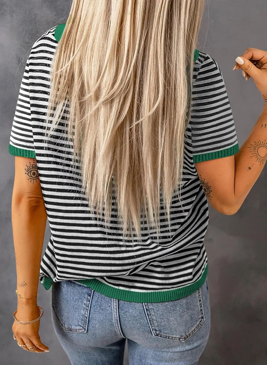 Womens Short Sleeve Sweaters Summer Casual Crewneck Striped Color Block Knitted Cotton Trendy Pullover Tops