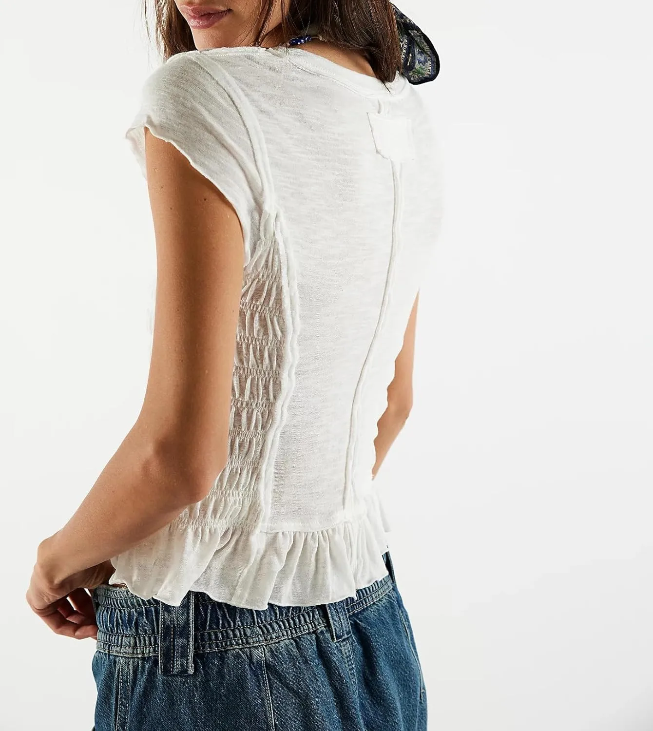 Womens Smocked Tops Summer Shirred Ruffle Going Out Y2k Short Cap Sleeve Baby Tee Slim Fit Going Out Crop Tank Top