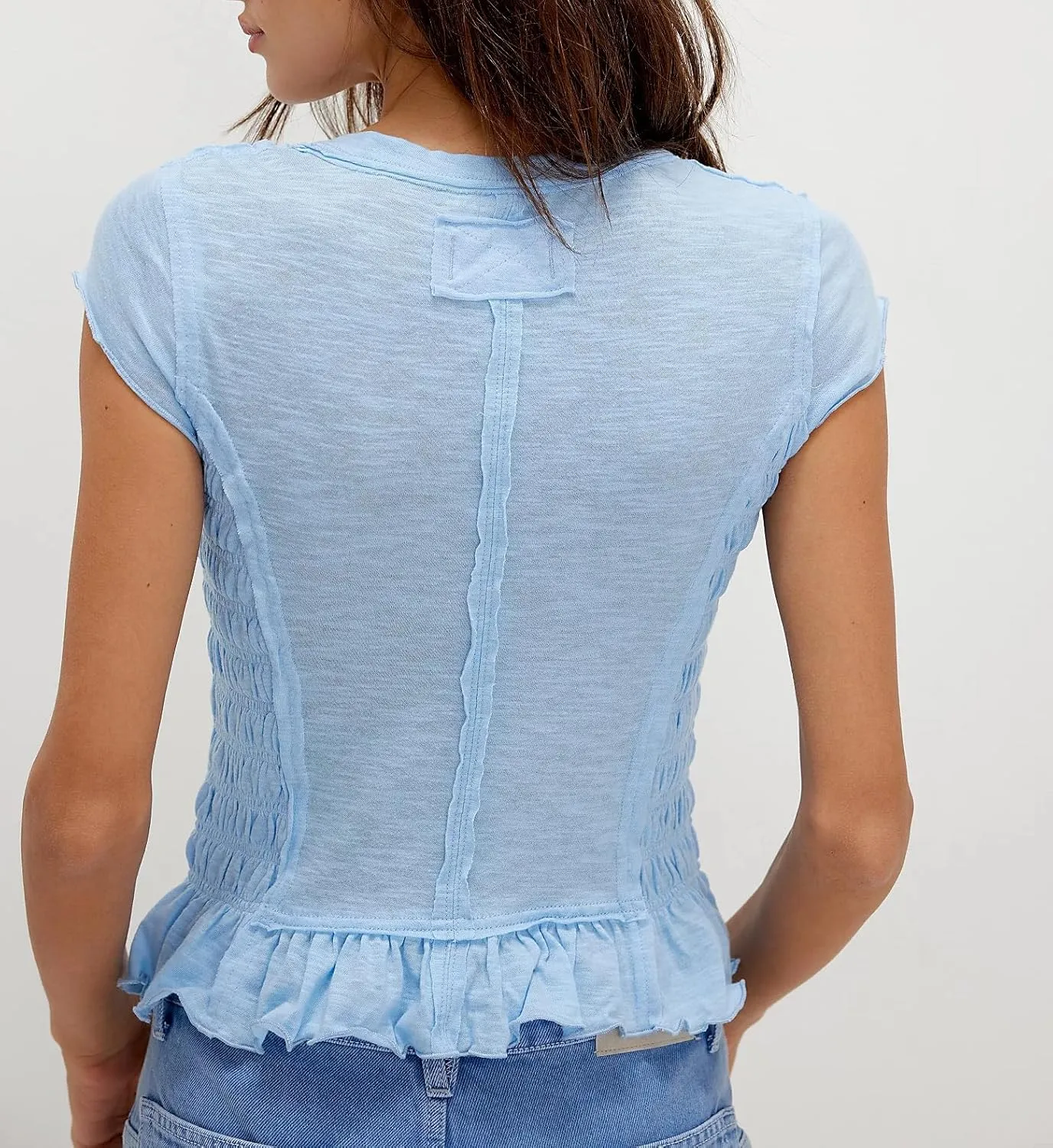 Womens Smocked Tops Summer Shirred Ruffle Going Out Y2k Short Cap Sleeve Baby Tee Slim Fit Going Out Crop Tank Top