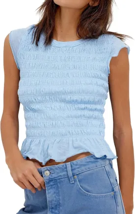 Womens Smocked Tops Summer Shirred Ruffle Going Out Y2k Short Cap Sleeve Baby Tee Slim Fit Going Out Crop Tank Top