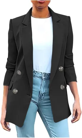 Womens Solid Color Casual Long Sleeve Lapel Double Breasted Open Front Blazer Jacket Lady Business Work Suit Jacket