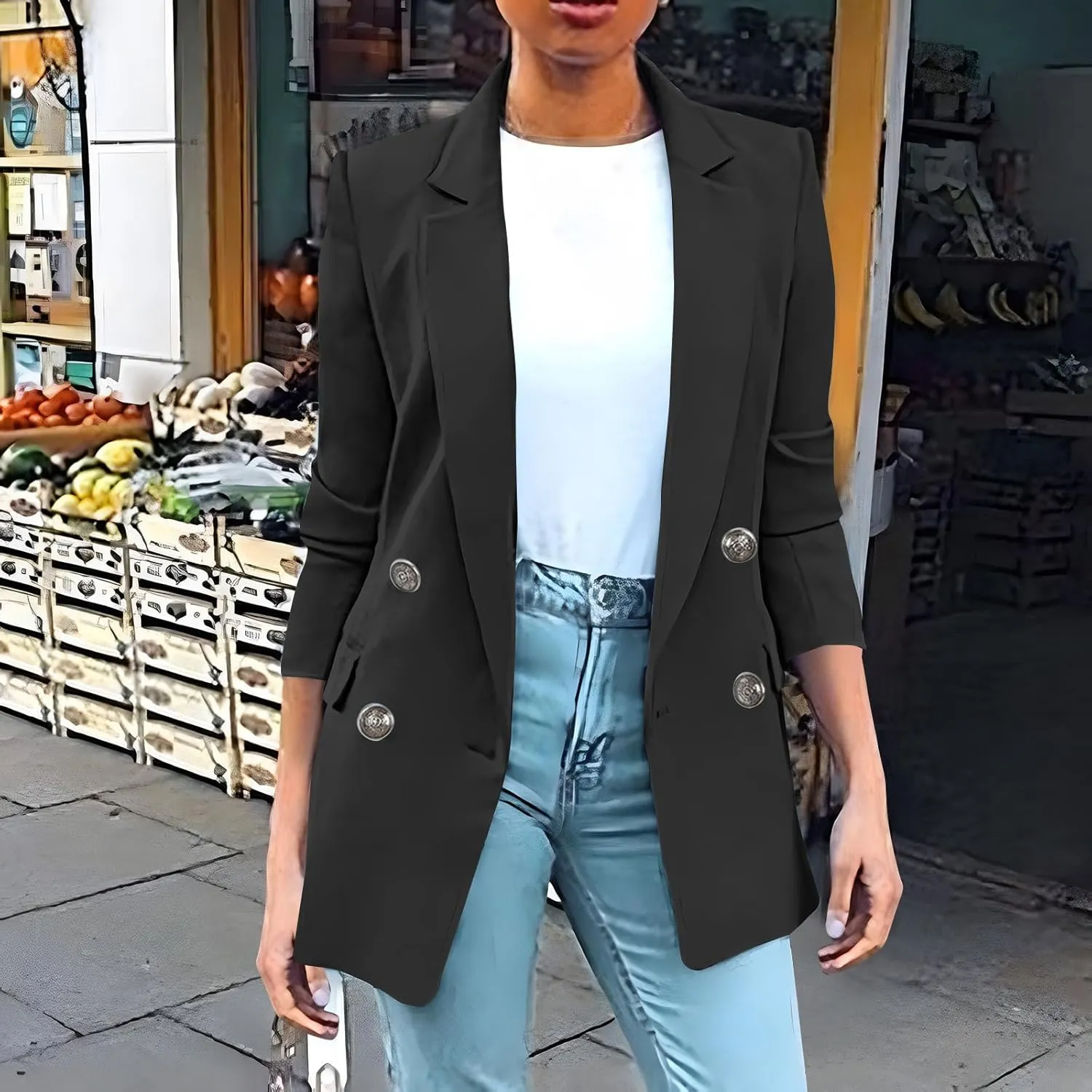 Womens Solid Color Casual Long Sleeve Lapel Double Breasted Open Front Blazer Jacket Lady Business Work Suit Jacket