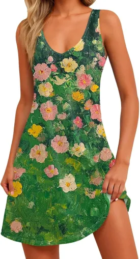 Womens Summer Dresses 2025 Vacation Swimsuit Coverup Printed Casual Sundress V Neck Sleeveless Dress with Pocket