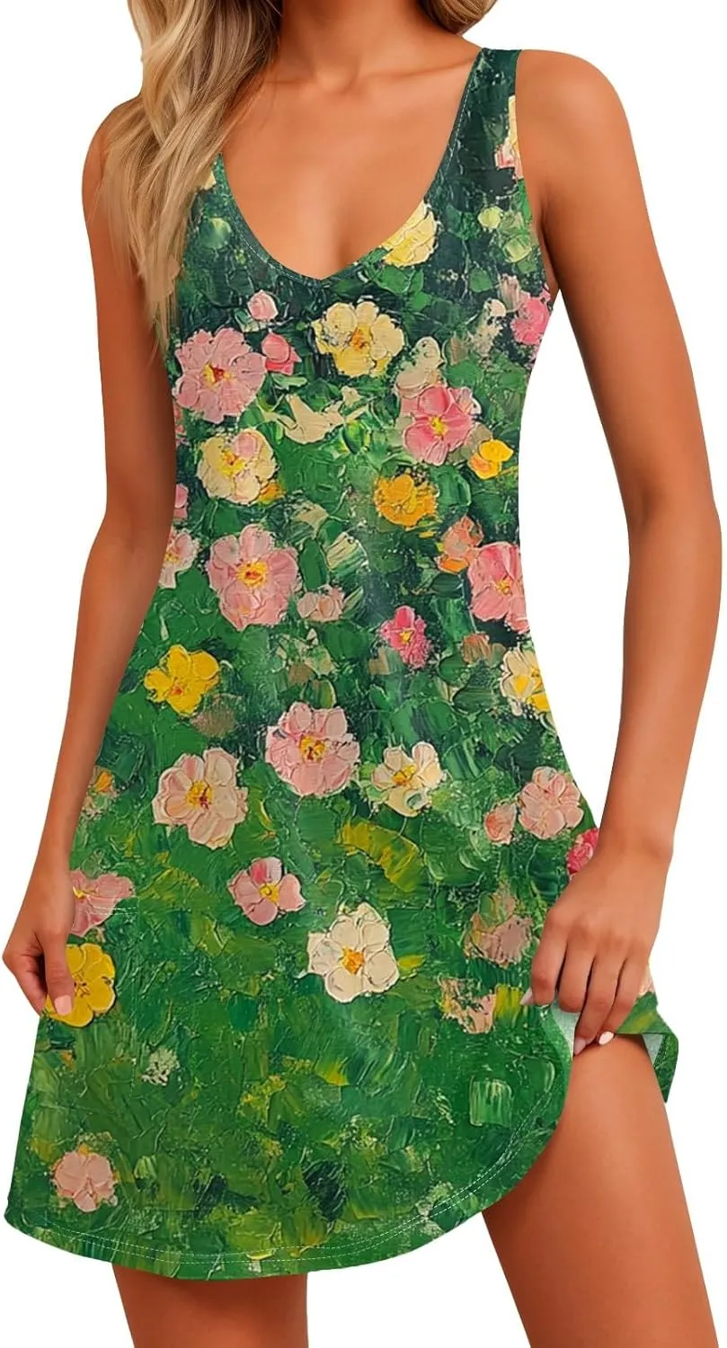 Womens Summer Dresses 2025 Vacation Swimsuit Coverup Printed Casual Sundress V Neck Sleeveless Dress with Pocket