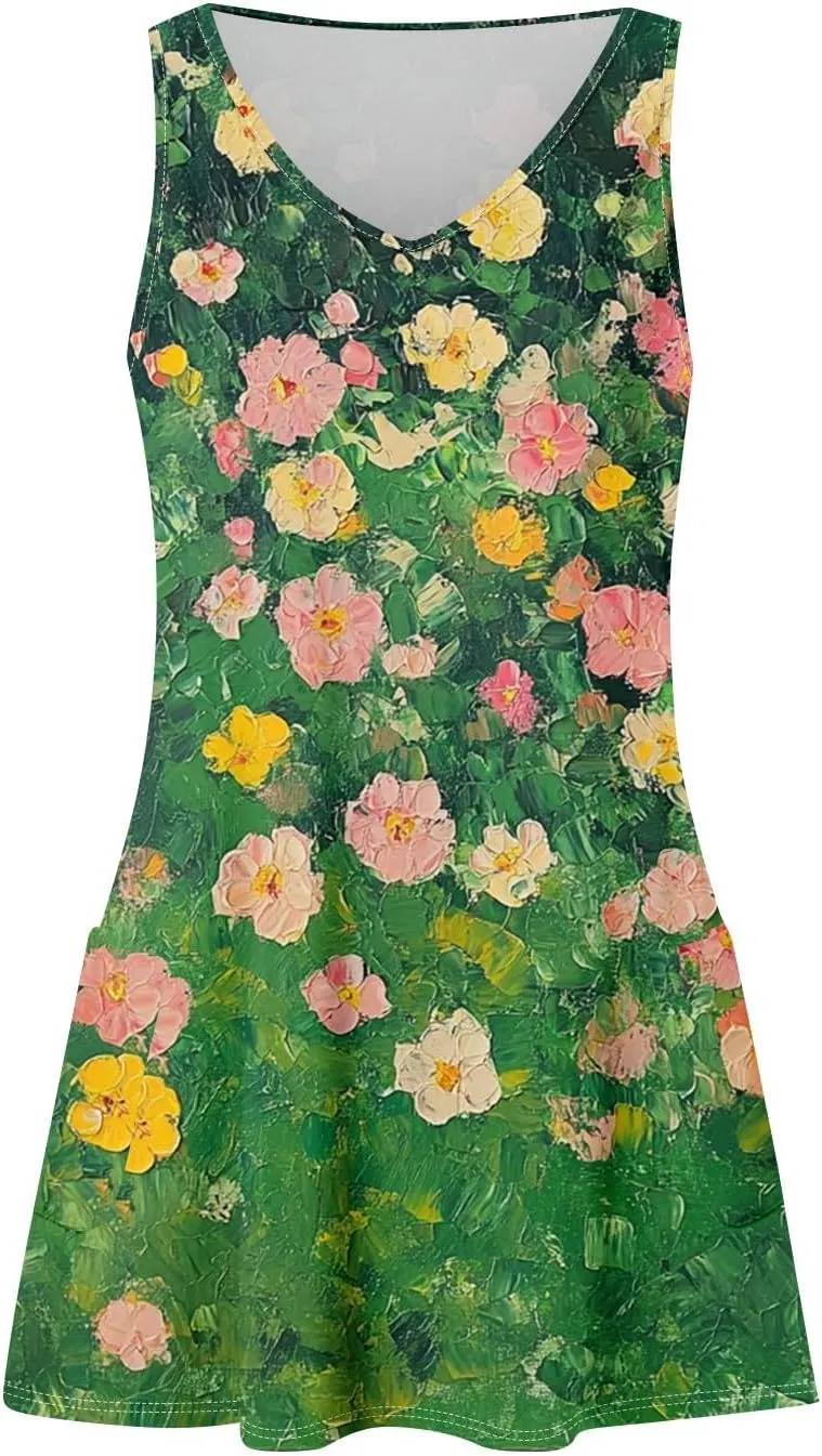 Womens Summer Dresses 2025 Vacation Swimsuit Coverup Printed Casual Sundress V Neck Sleeveless Dress with Pocket