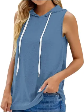 Womens Workout Hooded Tank Tops Drawstring Loose Fit Running Gym Sleeveless Hoodie Tee Shirts 2025 Summer