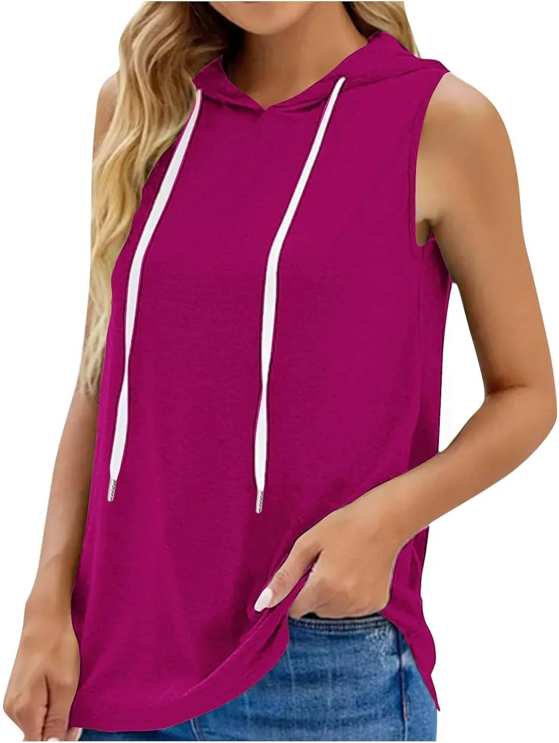 Womens Workout Hooded Tank Tops Drawstring Loose Fit Running Gym Sleeveless Hoodie Tee Shirts 2025 Summer