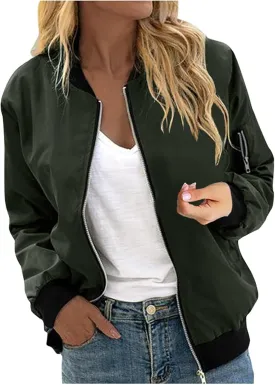 Womens Zipper Bomber Jacket Without Hood Casual Windbreaker Flight Coat Zip Up Textured Jacket with Pocket