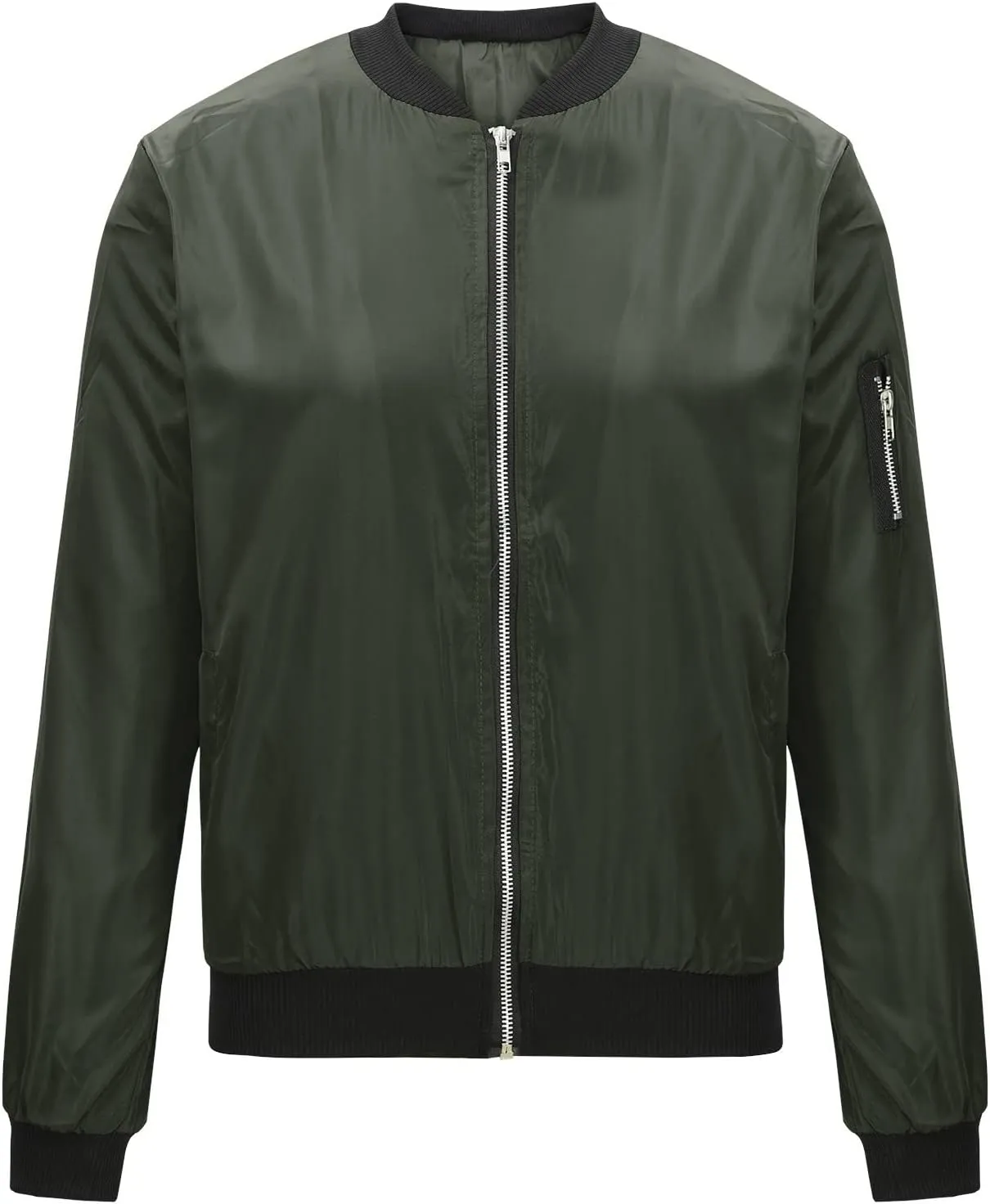 Womens Zipper Bomber Jacket Without Hood Casual Windbreaker Flight Coat Zip Up Textured Jacket with Pocket