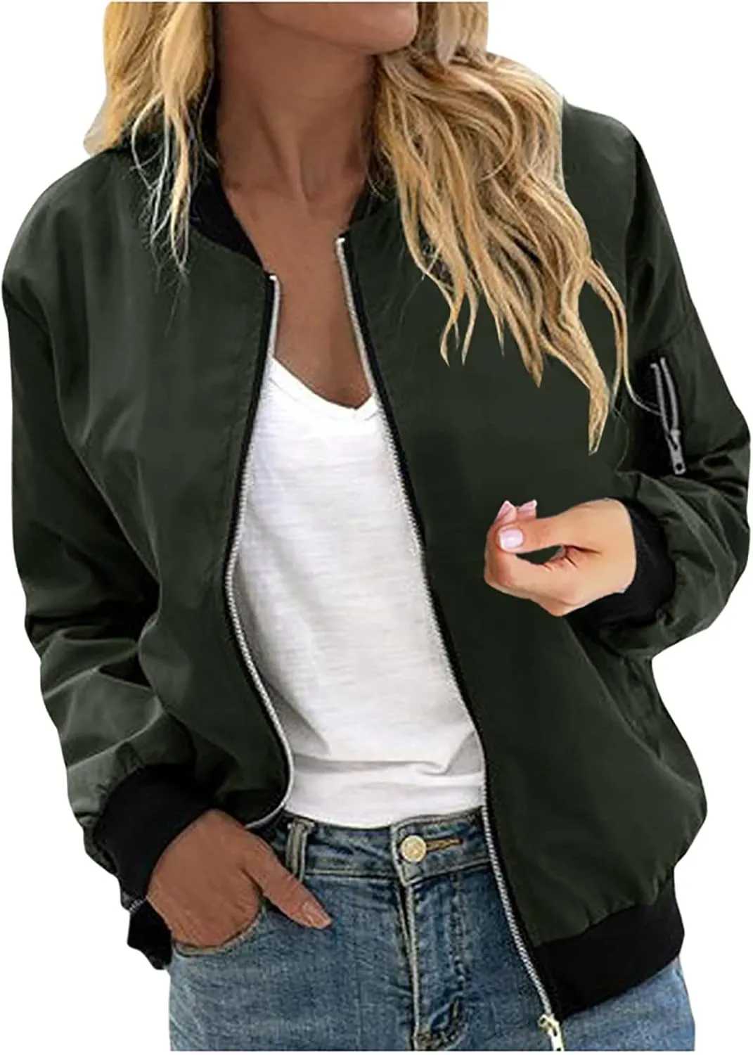 Womens Zipper Bomber Jacket Without Hood Casual Windbreaker Flight Coat Zip Up Textured Jacket with Pocket