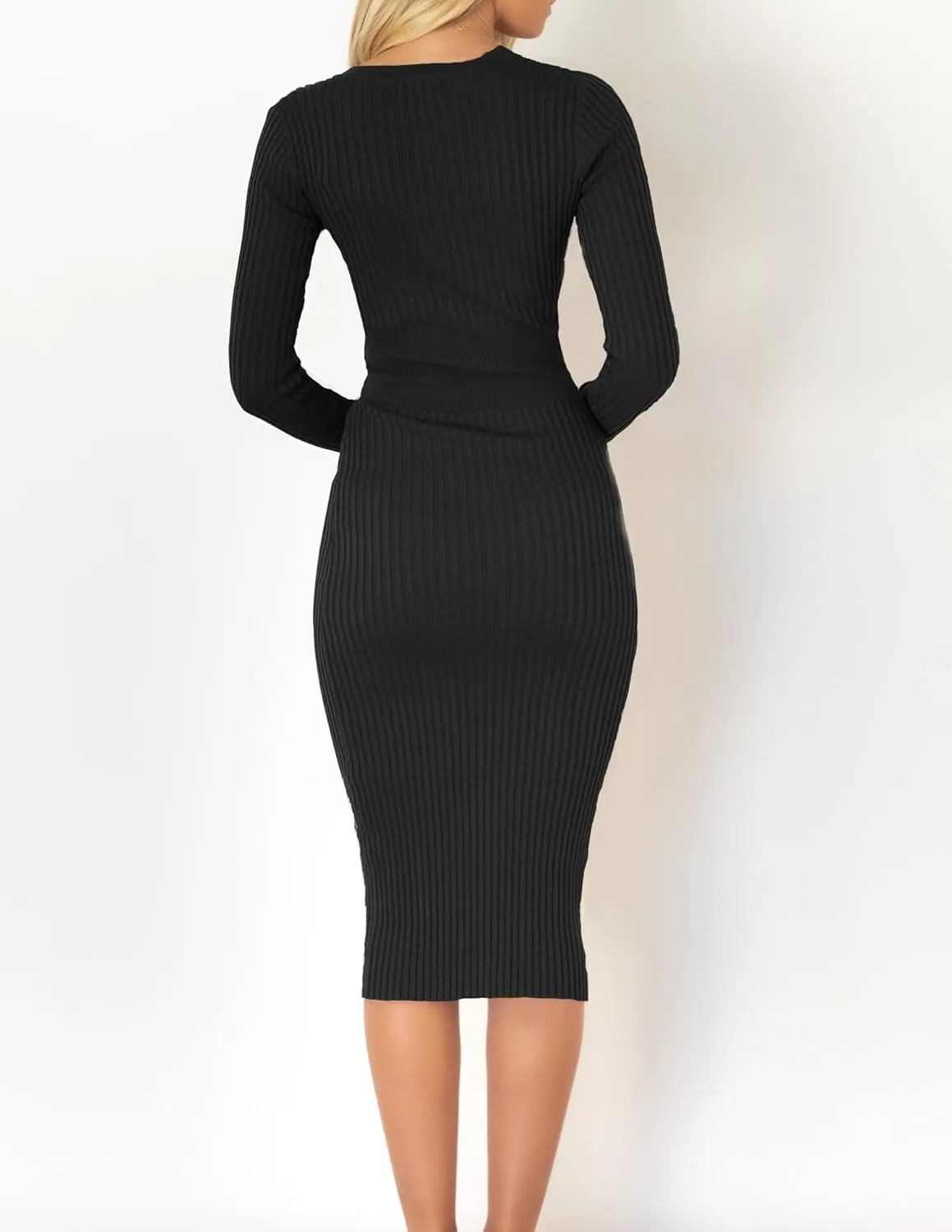 ZESICA Women's Spring Sweater Dress V Neck Long Sleeve Ribbed Knit Tie Waist Slim Fit Bodycon Midi Dresses
