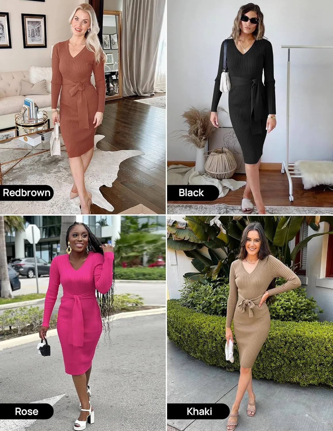ZESICA Women's Spring Sweater Dress V Neck Long Sleeve Ribbed Knit Tie Waist Slim Fit Bodycon Midi Dresses
