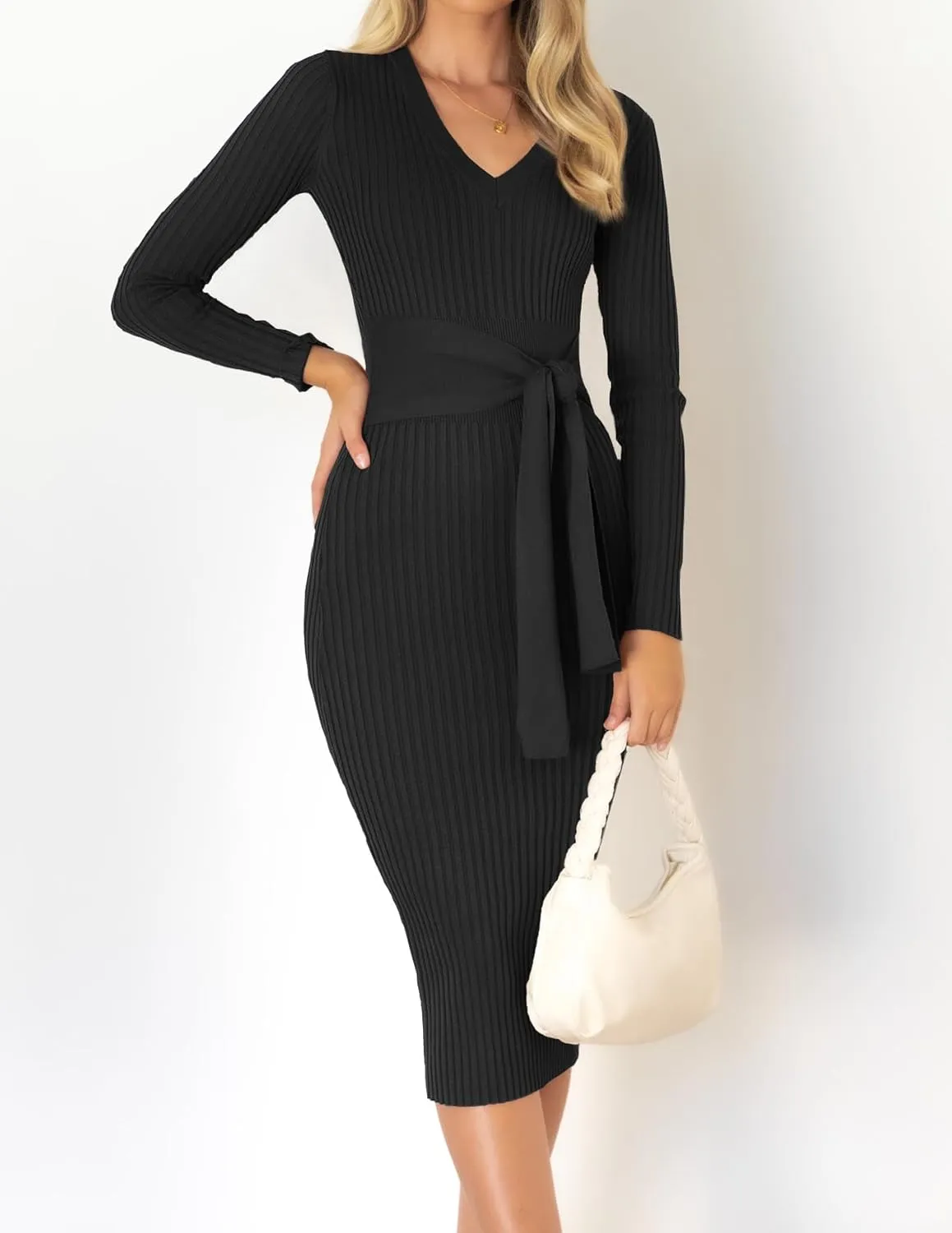 ZESICA Women's Spring Sweater Dress V Neck Long Sleeve Ribbed Knit Tie Waist Slim Fit Bodycon Midi Dresses