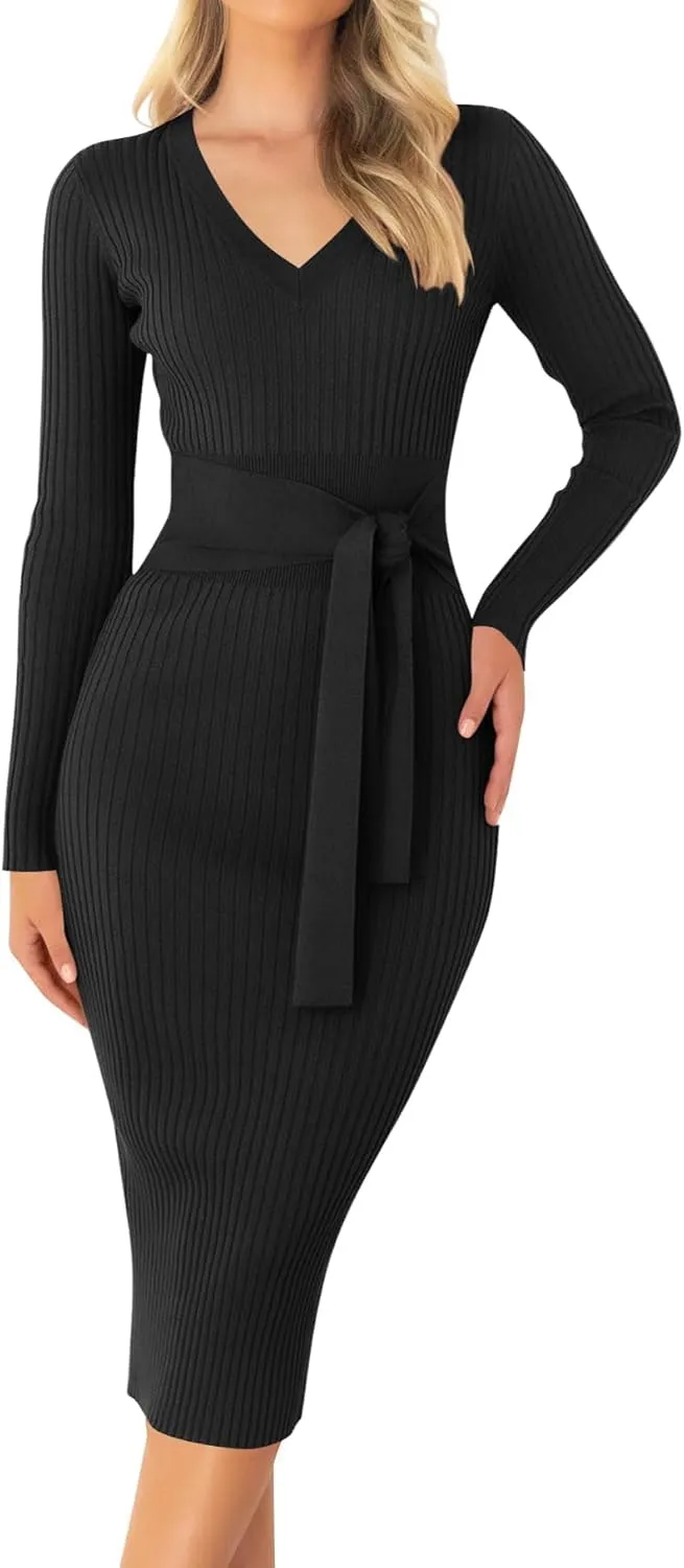 ZESICA Women's Spring Sweater Dress V Neck Long Sleeve Ribbed Knit Tie Waist Slim Fit Bodycon Midi Dresses